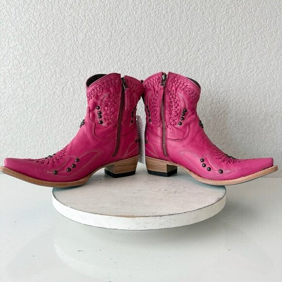 Lane COSSETTE Womens Cowboy Bootie 7.5 Pink Leather Western Short Ankle Boots - Picture 9 of 13